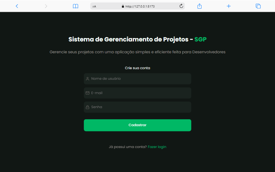 Print do sistema web SGP - Sistema de Gerenciamento de Projetos
